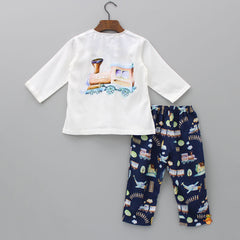 Pre Order: Top With Train Embroidered Back And Printed Pyjama
