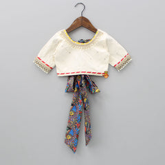 Pre Order: Ethnic Faux Mirror Work Top With Printed Lehenga And Net Dupatta