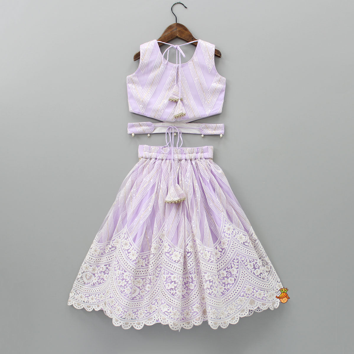 Sequins Embellished Lilac Top And Lehenga With Dupatta And Potli Bag