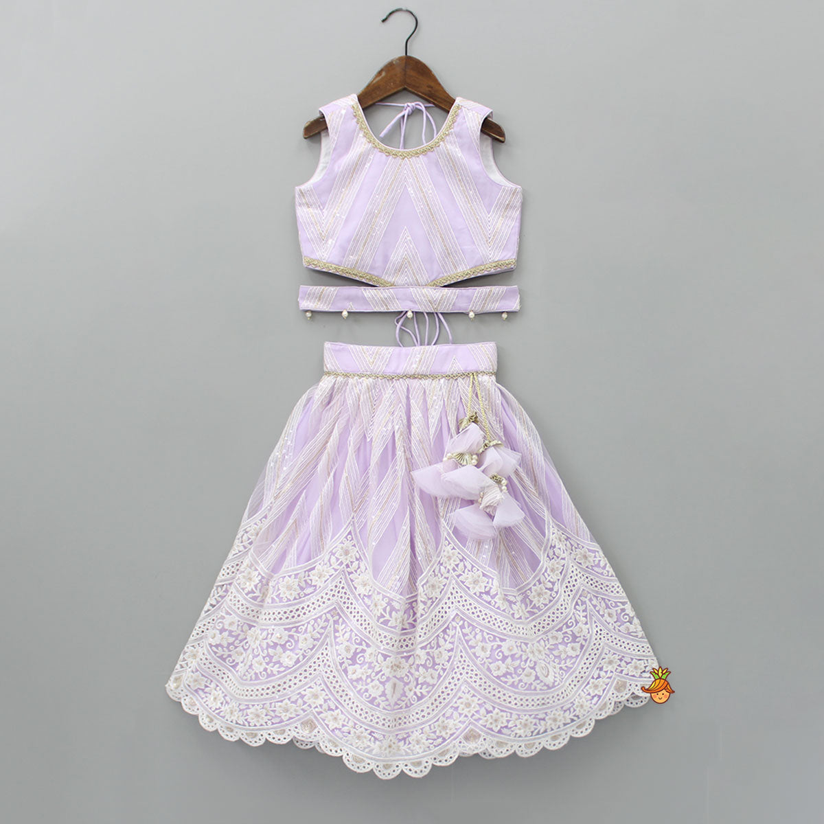 Sequins Embellished Lilac Top And Lehenga With Dupatta And Potli Bag