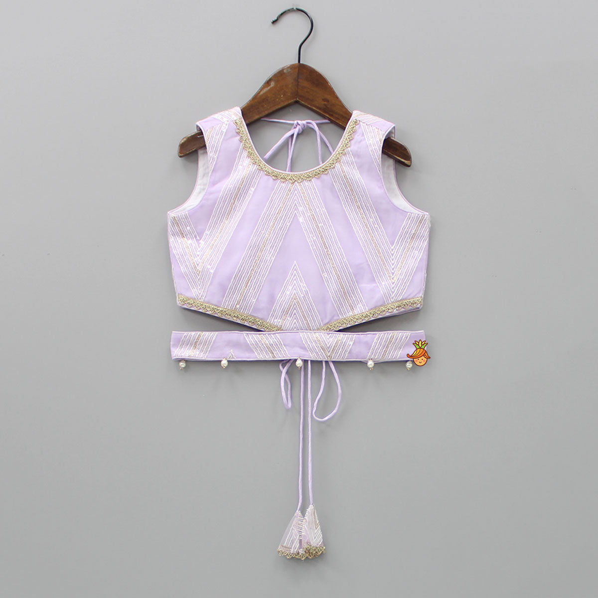 Sequins Embellished Lilac Top And Lehenga With Dupatta And Potli Bag