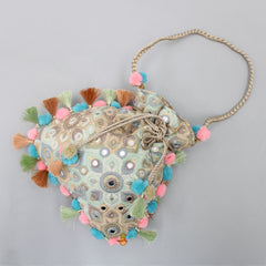 Pre Order: Gorgeous Faux Mirror Work Pom Poms And Fringed Detailed Potli Bag