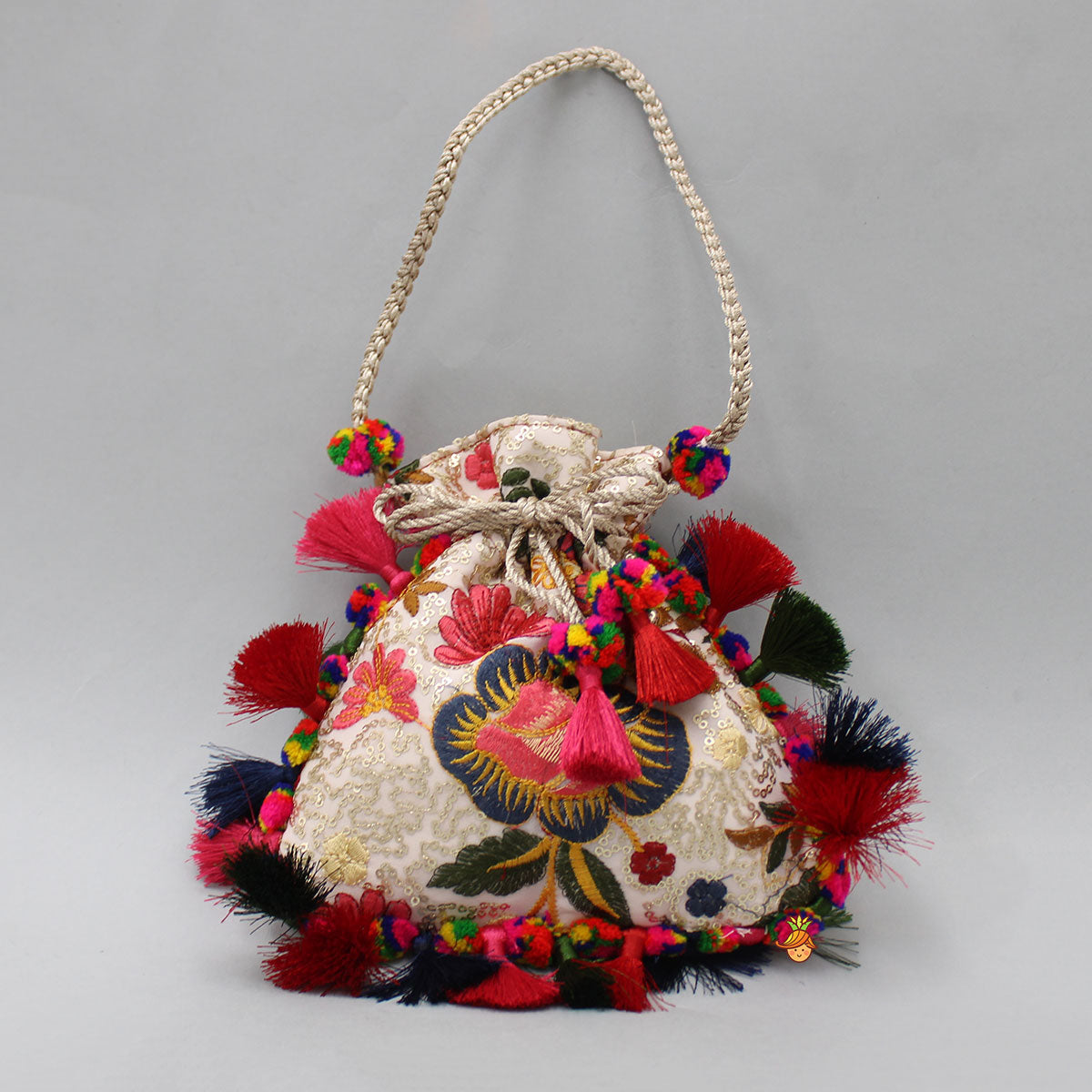Pre Order: Vibrant Multicolour Floral Embroidered Potli Bag