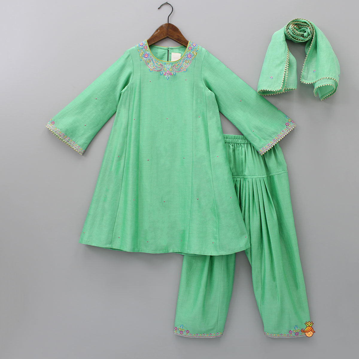 Pre Order: Exquisite Embroidered Green Kurti And Salwar with Dupatta