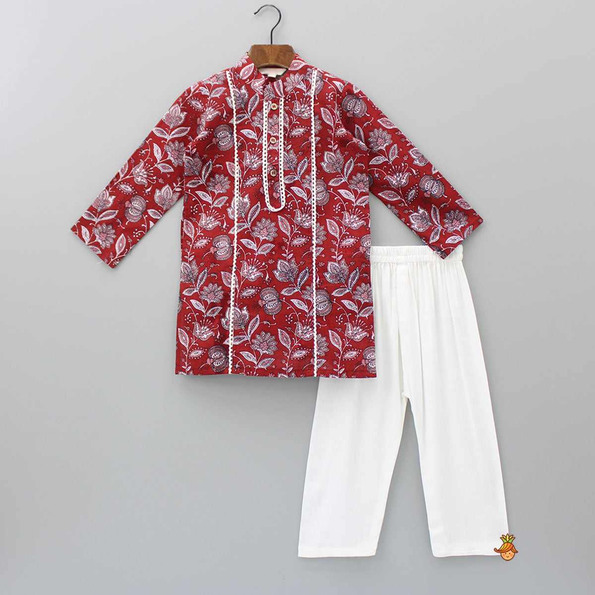 Floral Printed Red Lace Work Kurta And Pyjama