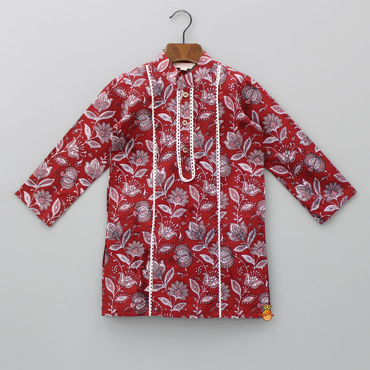 Floral Printed Red Lace Work Kurta And Pyjama