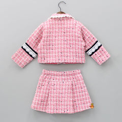 Pre Order: Pretty Pink Tweed Shirt Style Top And Skirt