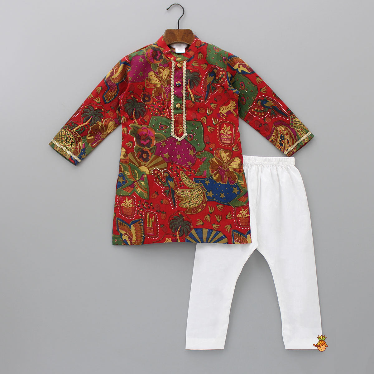 Vibrant Multicolour Printed Kurta With White Pyjama