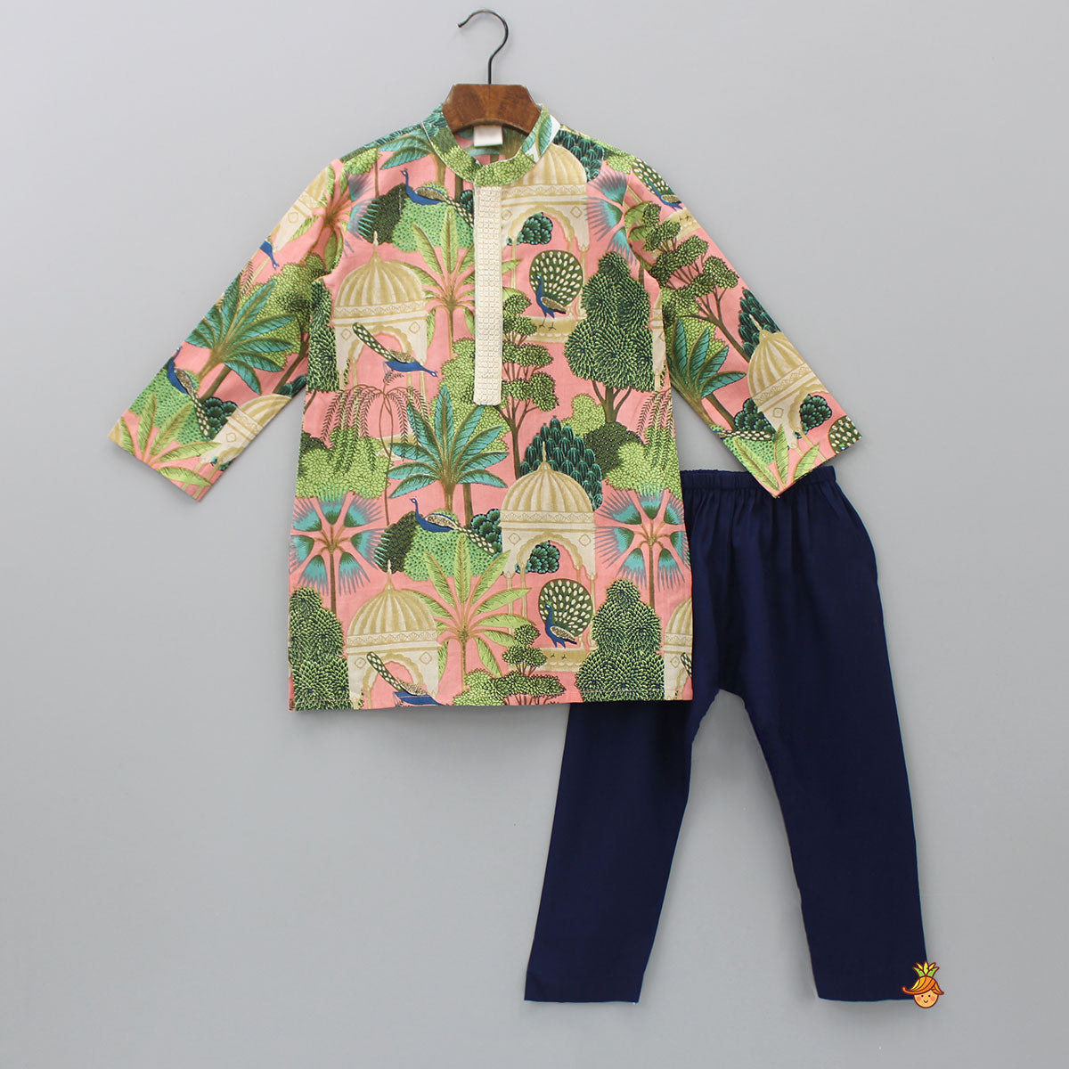 Multicolour Printed Kurta With Sequins Embellished Panel And Blue Pyjama