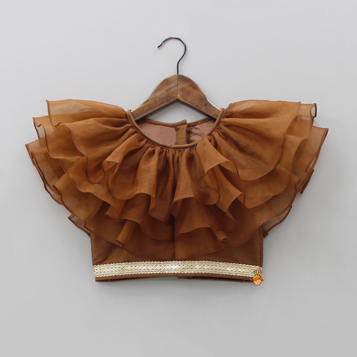 Organza Triple Layered Flap Brown Top And Zari Embroidered Lehenga
