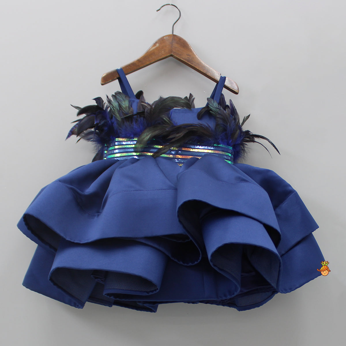 Holographic Lace Detailed Ruffle Layered Blue Dress With Head Band