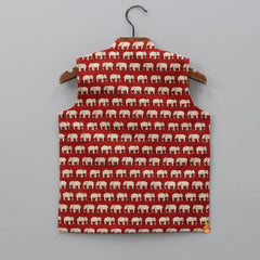 Pre Order: Ethnic Printed Red Sleeveless Jacket