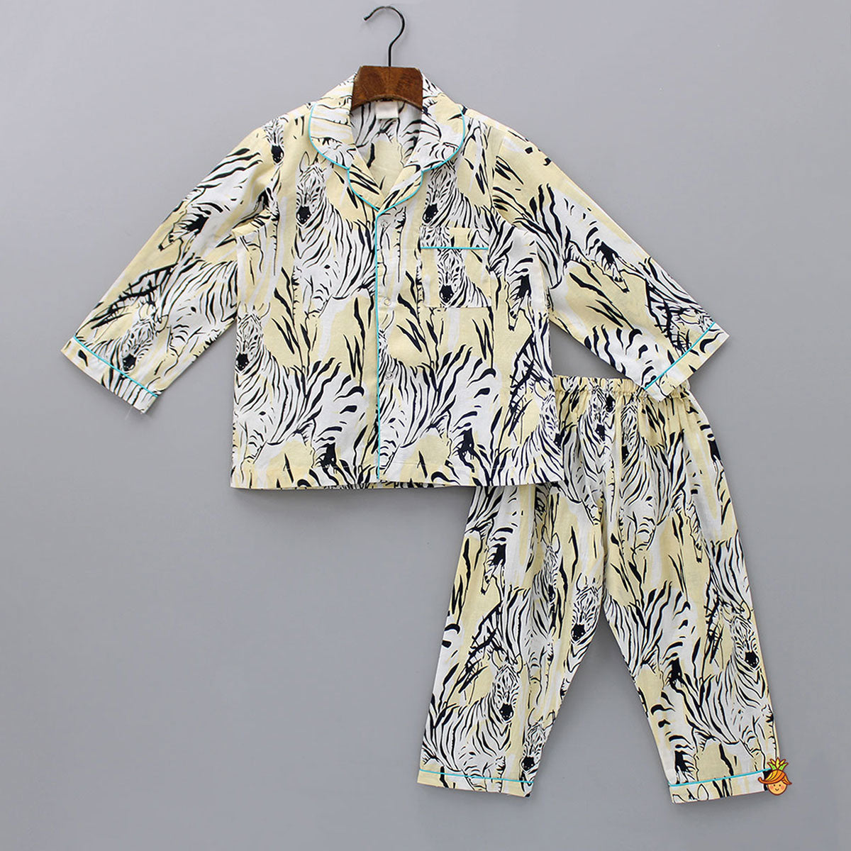 Pre Order: Printed Notched Collar Cotton Yellow Sleepwear