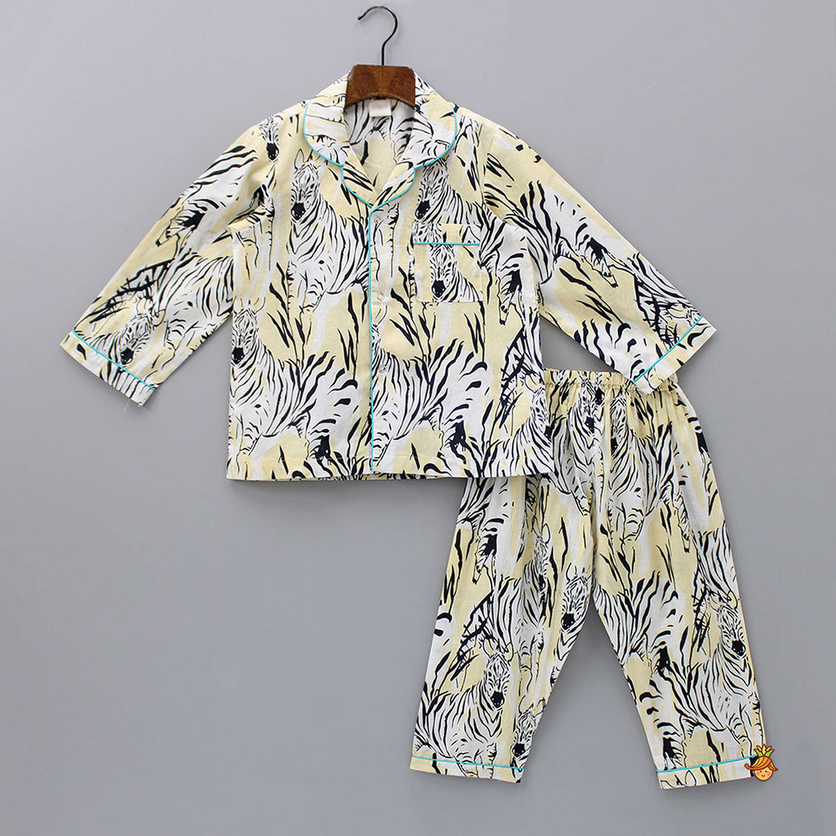 Printed Notched Collar Cotton Yellow Sleepwear
