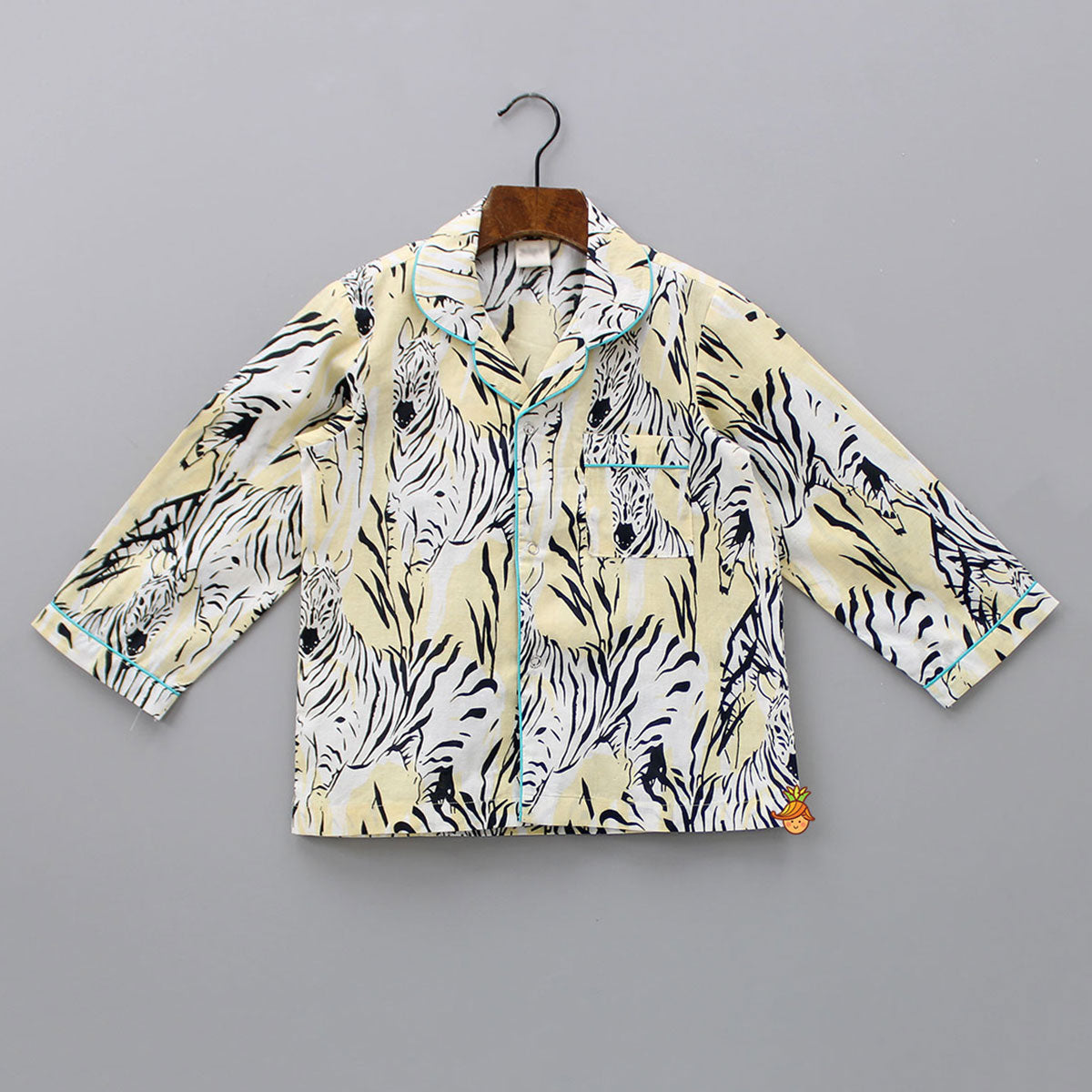 Printed Notched Collar Cotton Yellow Sleepwear