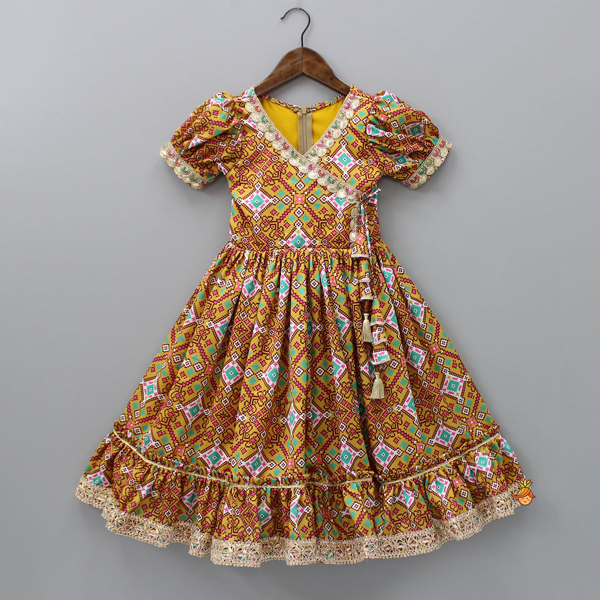 Pre Order: Multicolour Printed Lace Detailed Kurti With Puffed Sleeves