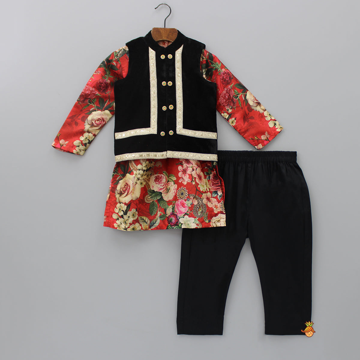 Pre Order: Floral Printed Kurta With Black Velvet Jacket And Pyjama