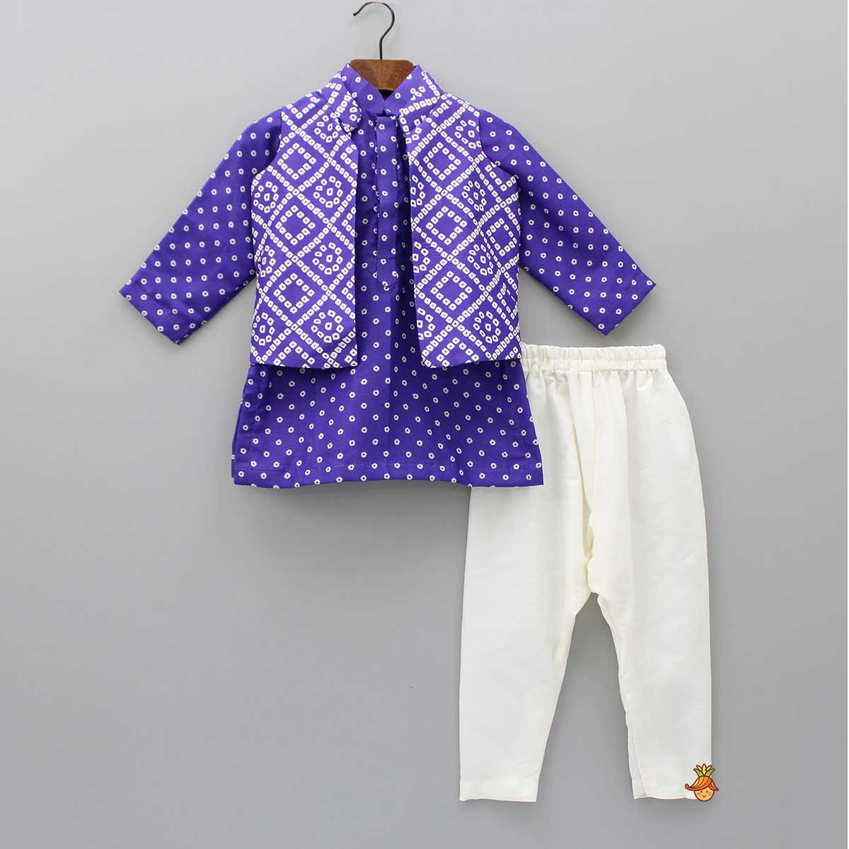 Purple Bandhani Printed Open Jacket And Kurta With Churidar