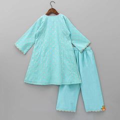 Pre Order: Beautiful Contrasting Lace Detail Blue Kurti And Pant With Dupatta