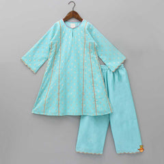 Pre Order: Beautiful Contrasting Lace Detail Blue Kurti And Pant With Dupatta