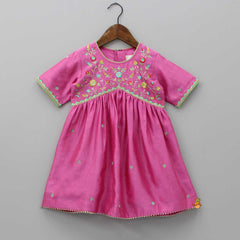 Pre Order: Elegant Floral Embroidered Pink Kurti With Sharara And Dupatta