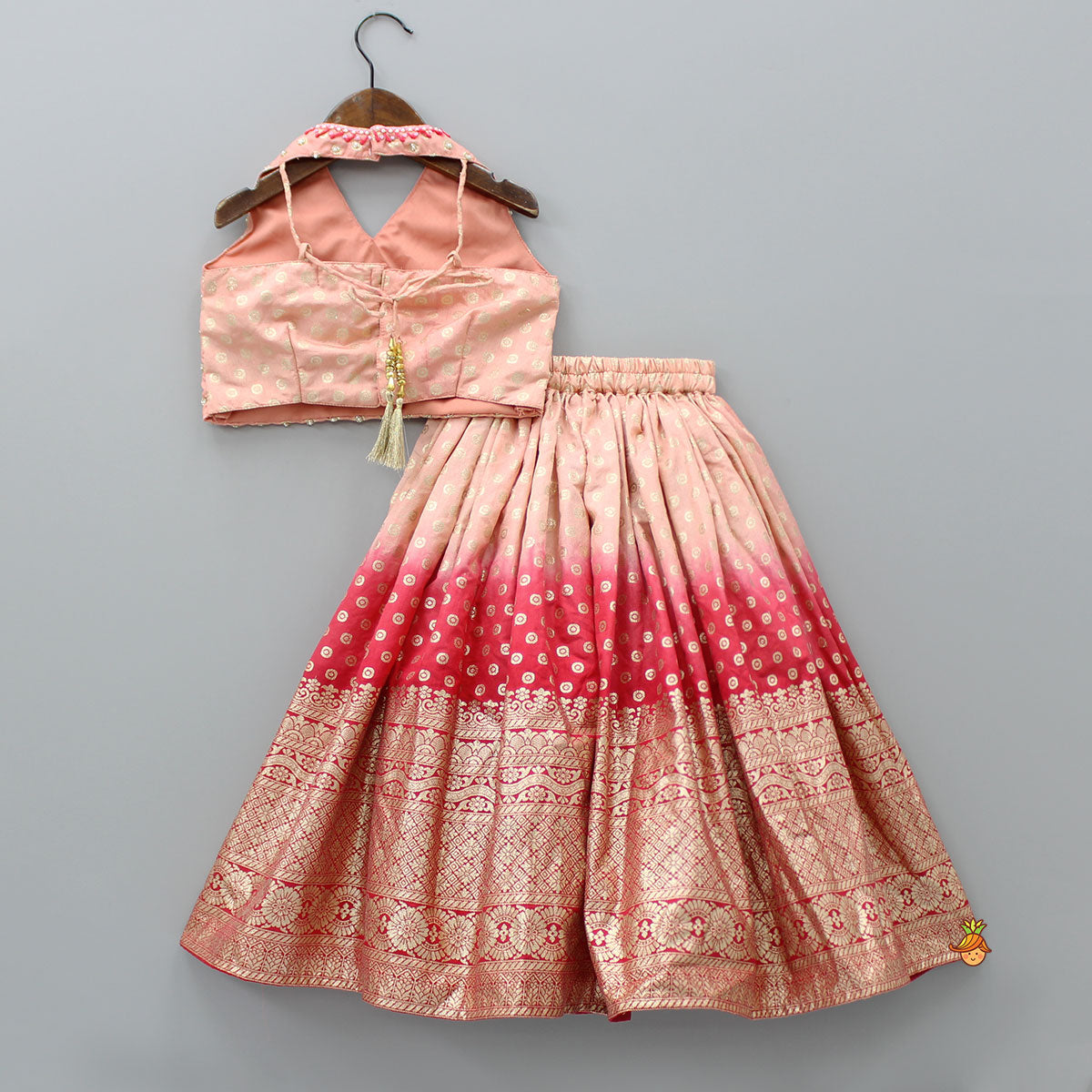Splendid Embroidered Halter Neck Top With Lehenga And Fringed Lace Dupatta