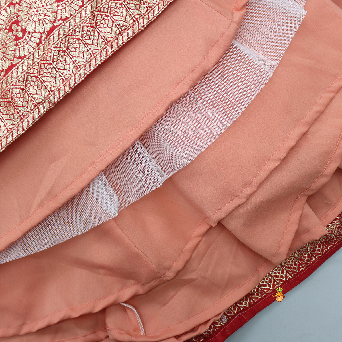 Splendid Embroidered Halter Neck Top With Lehenga And Fringed Lace Dupatta
