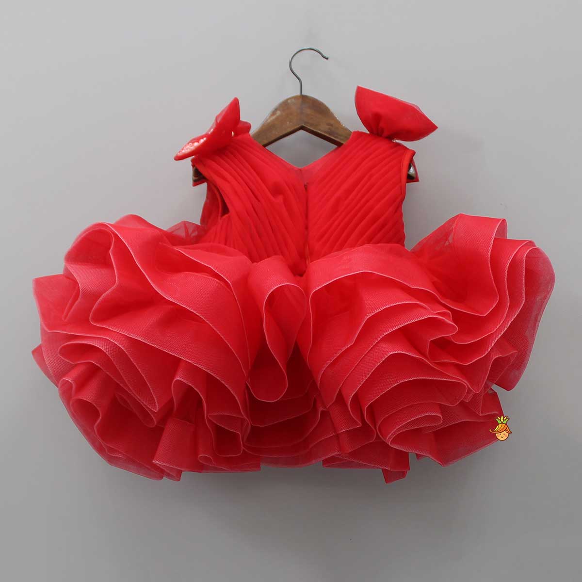 Bows Enhanced Ruffle Layered Red Net Dress