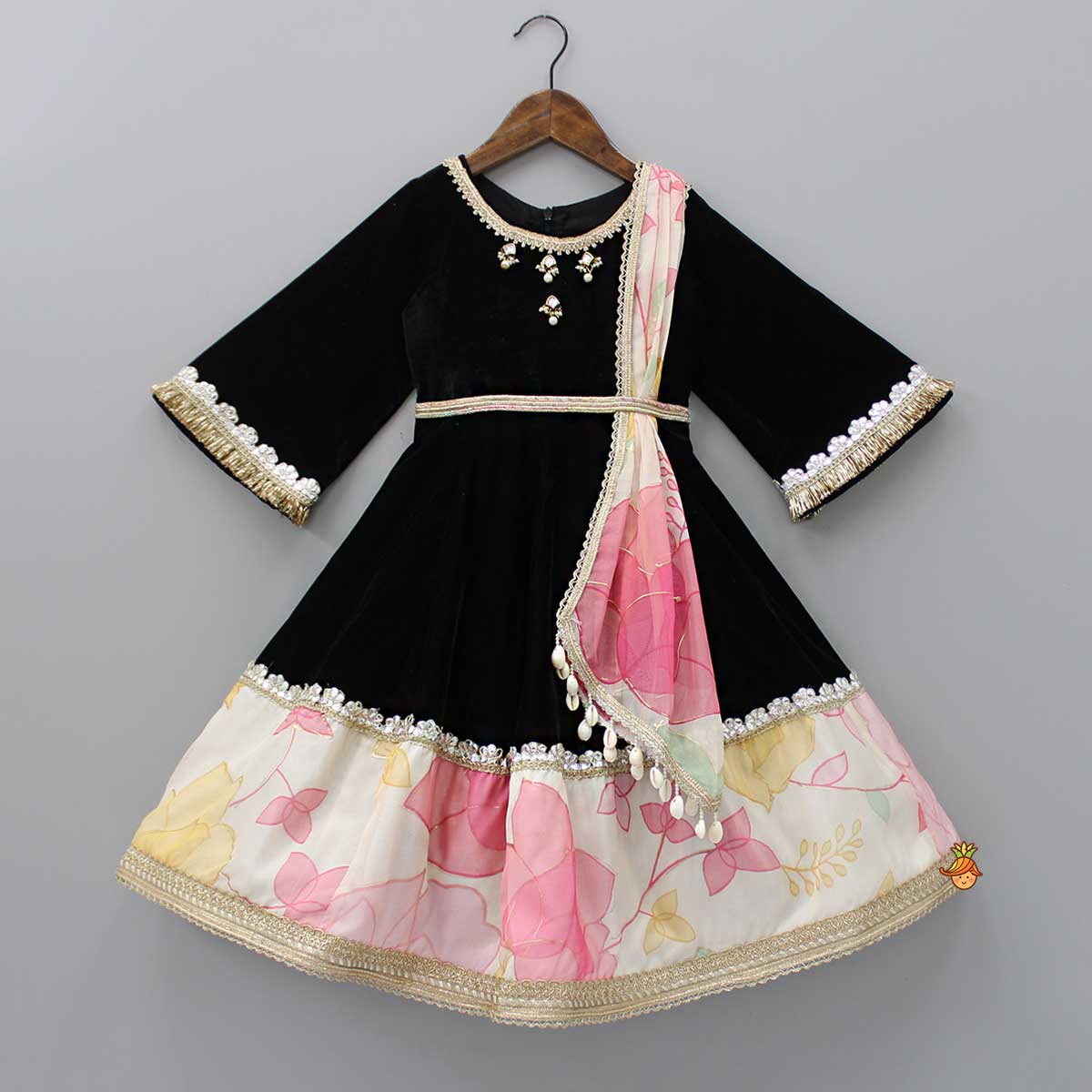 Pre Order: Beautiful Lace Work Black Velvet Anarkali With Attached Dupatta
