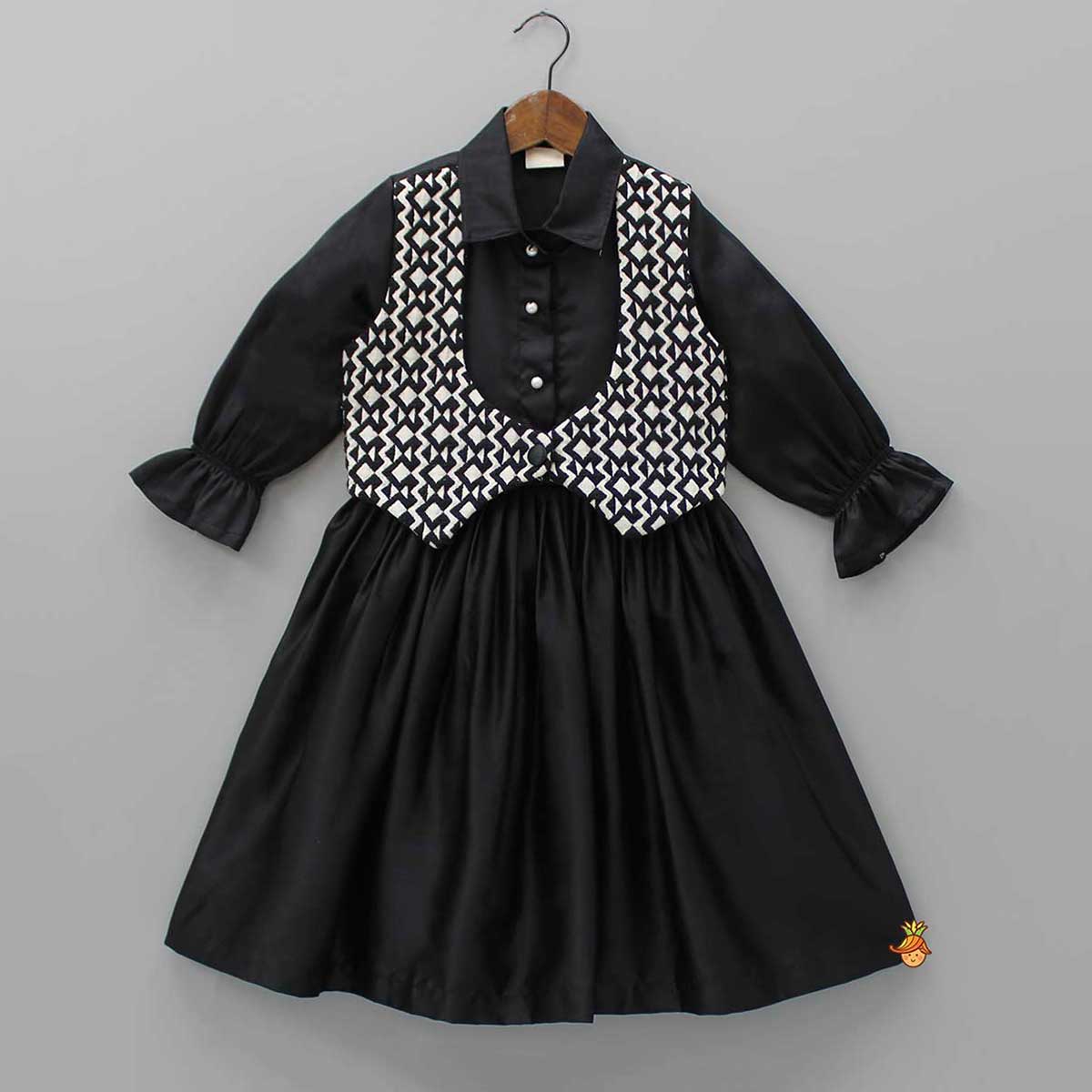 Pre Order: Elegant Black Jacket Style Collar Dress