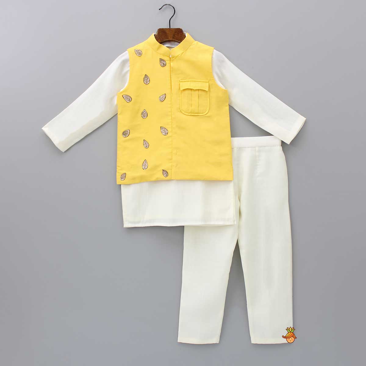 Pre Order: Mandarin Collar Ethnic Kurta With Leaves Embellished Yellow Jacket And Pyjama