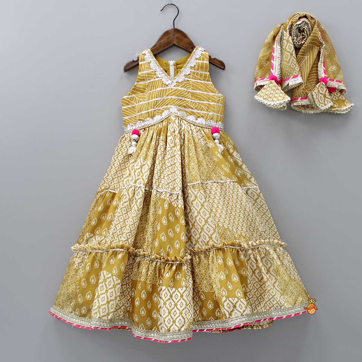 Pre Order: Tiered Style Mustard Satin Anarkali With Matching Dupatta