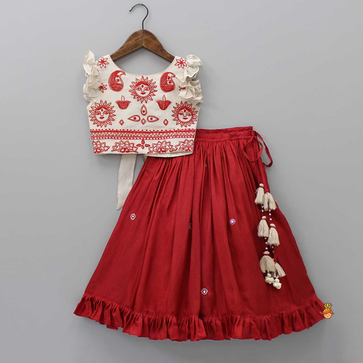 Back Knot Detail Beige Embroidered Top And Ruffle Hem Lehenga