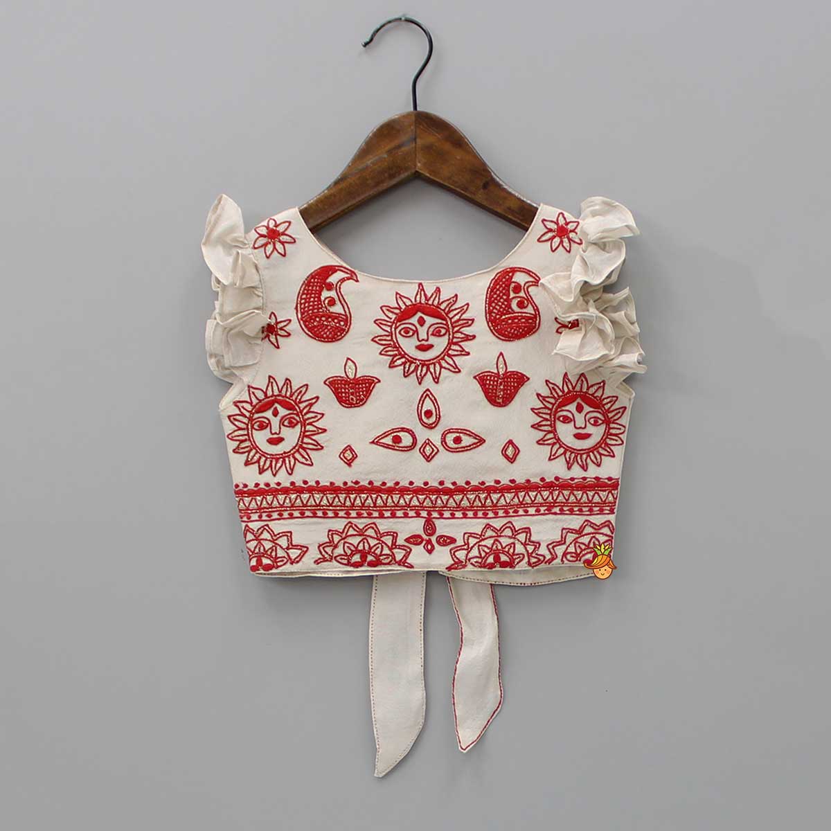 Back Knot Detail Beige Embroidered Top And Ruffle Hem Lehenga