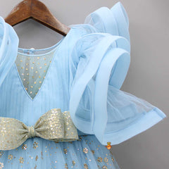 Pre Order: Fancy Blue Pleated Yoke Multi Layered Gown