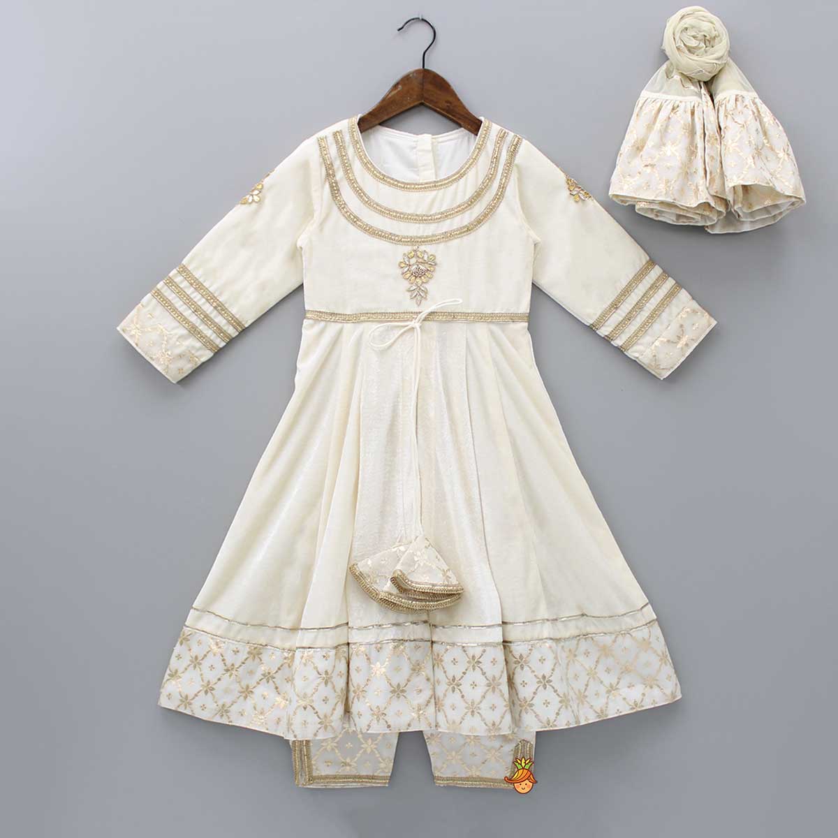 Velvet Off White Front Slit Kurti And Pant With Dupatta