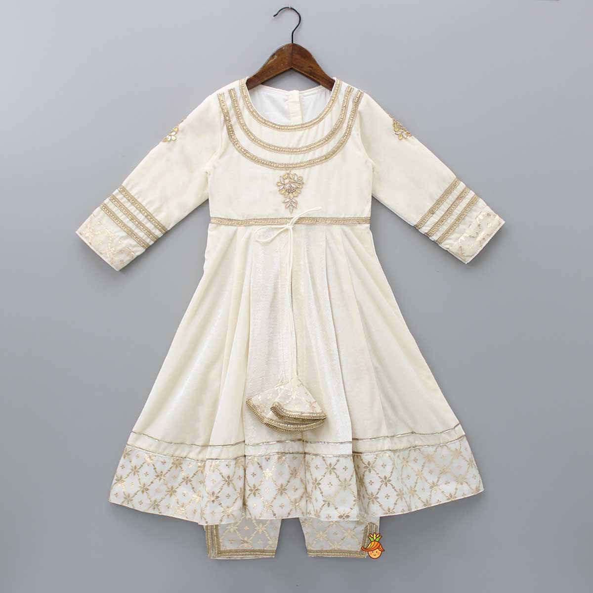 Velvet Off White Front Slit Kurti And Pant With Dupatta