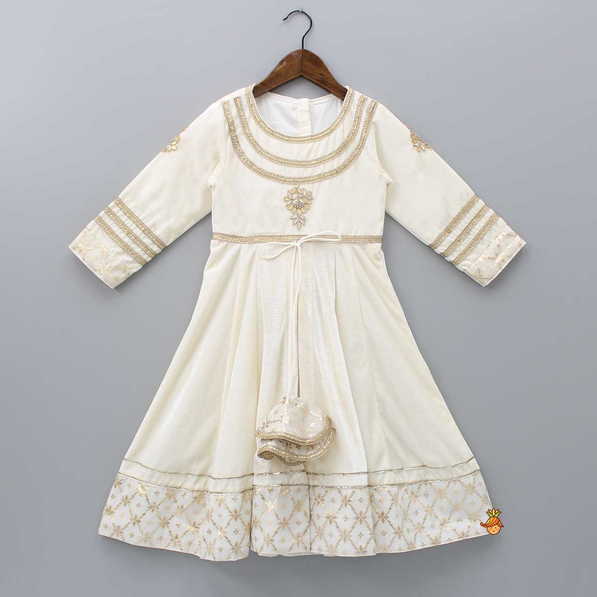 Velvet Off White Front Slit Kurti And Pant With Dupatta