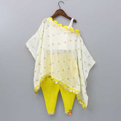 Pre Order: Strappy Off White Top With Embroidered Cape And Yellow Dhoti