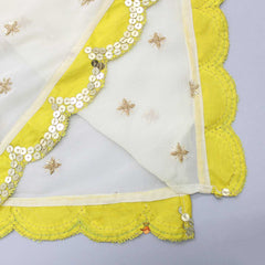 Pre Order: Strappy Off White Top With Embroidered Cape And Yellow Dhoti