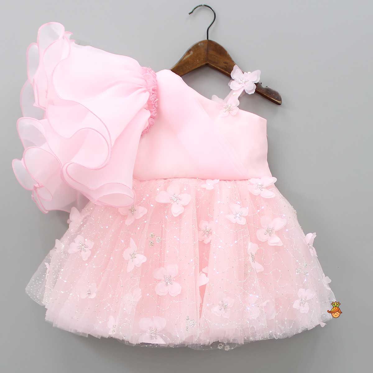 Pre Order: Butterfly Adorned Ruffle Sleeve One Shoulder Pink Dress