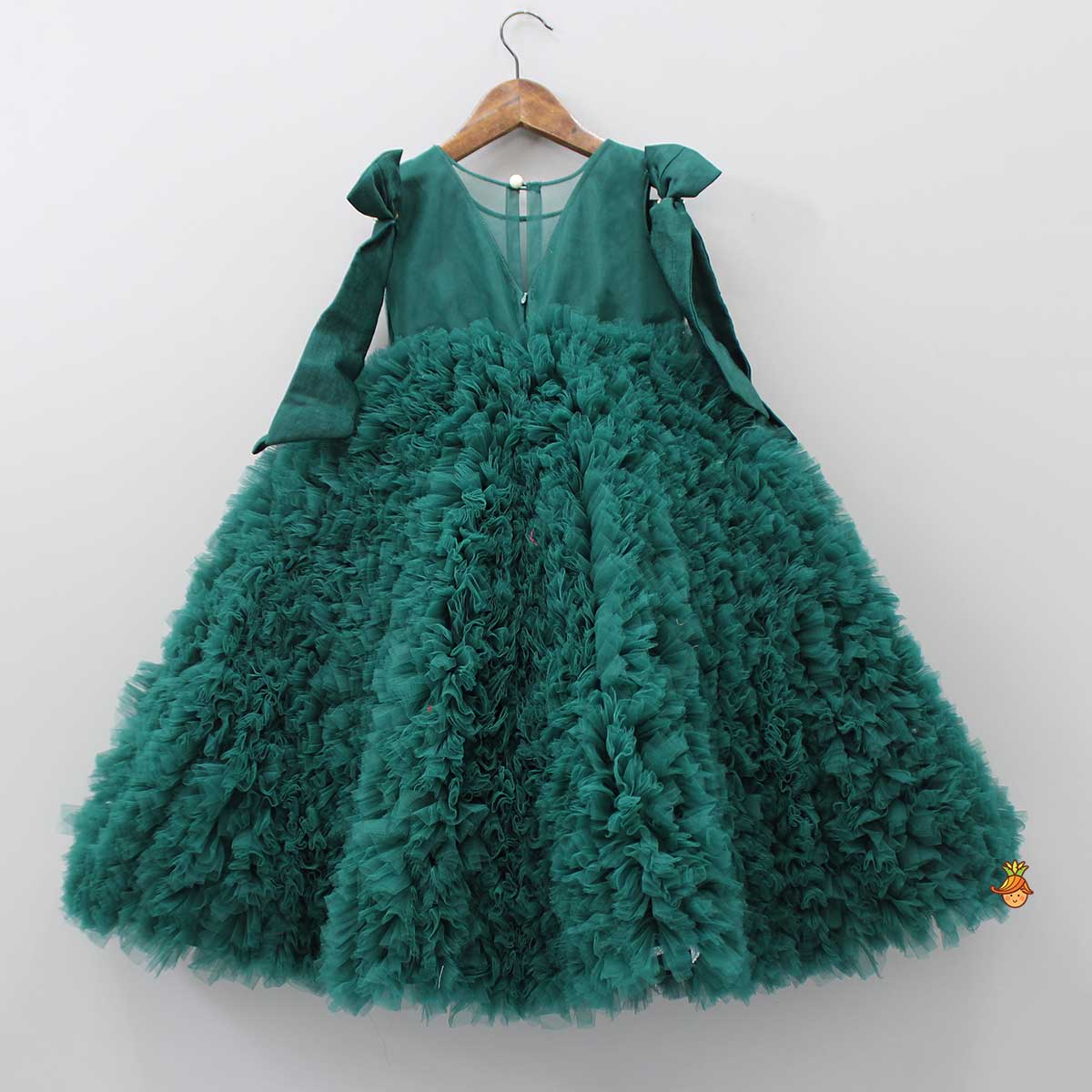 Pleated Yoke Ruffled Green Fancy Gown