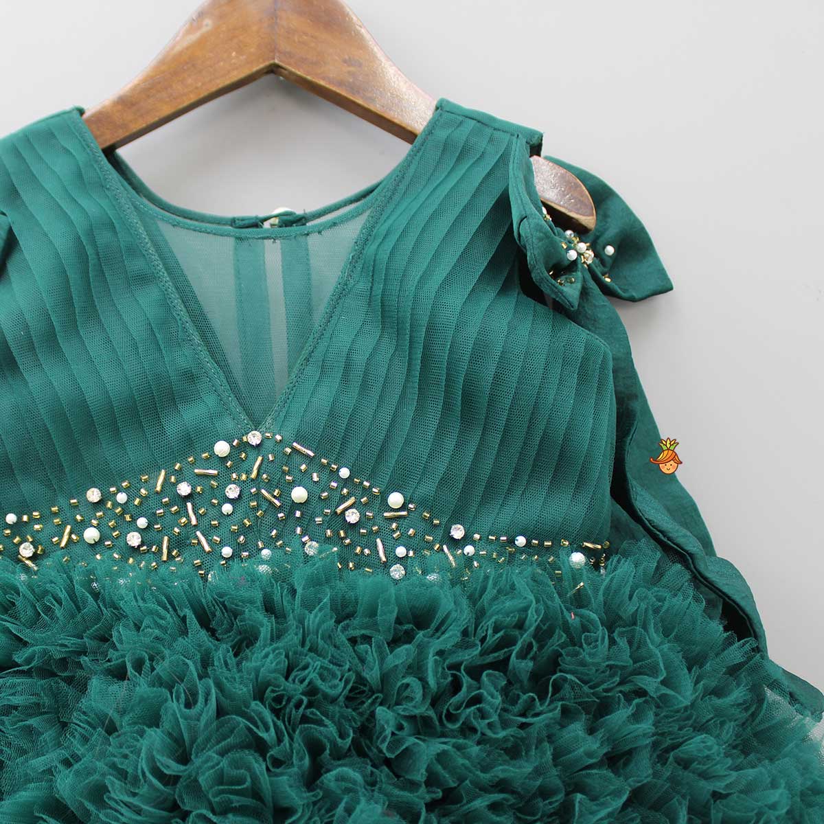 Pleated Yoke Ruffled Green Fancy Gown
