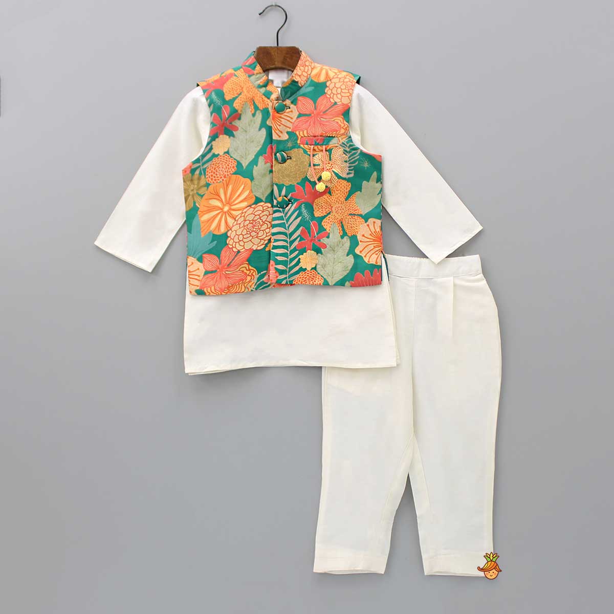 Pre Order: Off White Kurta With Pocket Detail Printed Green Jacket And Pyjama