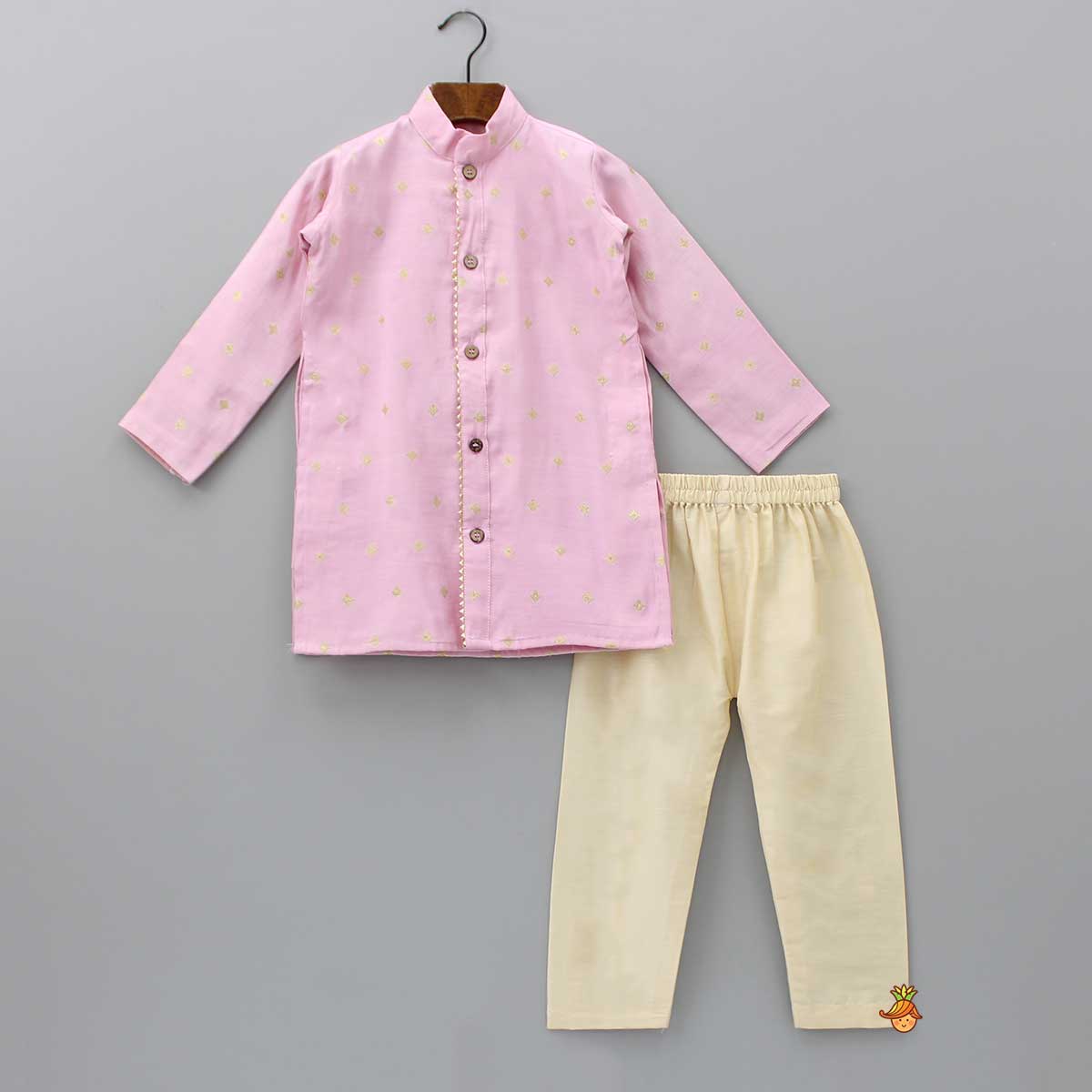 Front Open Booti Embroidered Pink Kurta And Beige Pyjama