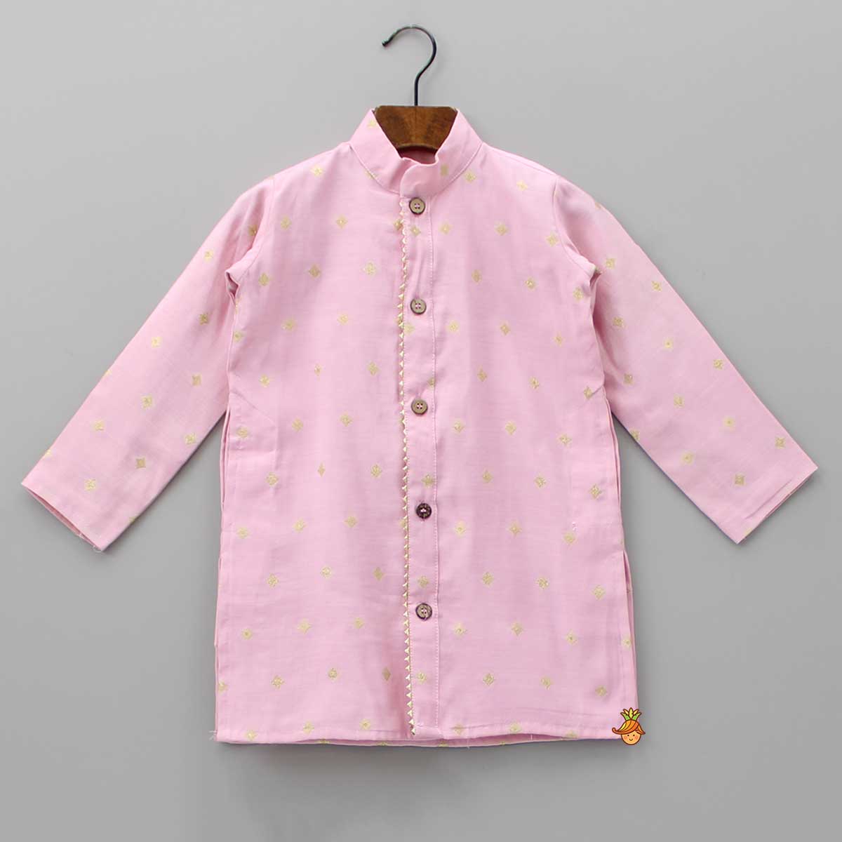 Front Open Booti Embroidered Pink Kurta And Beige Pyjama
