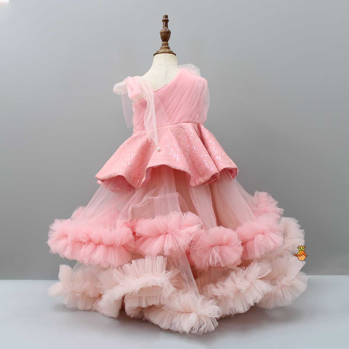 Fancy Peach Ruffle Peplum Gown