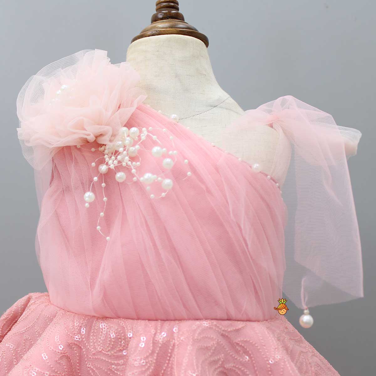 Fancy Peach Ruffle Peplum Gown