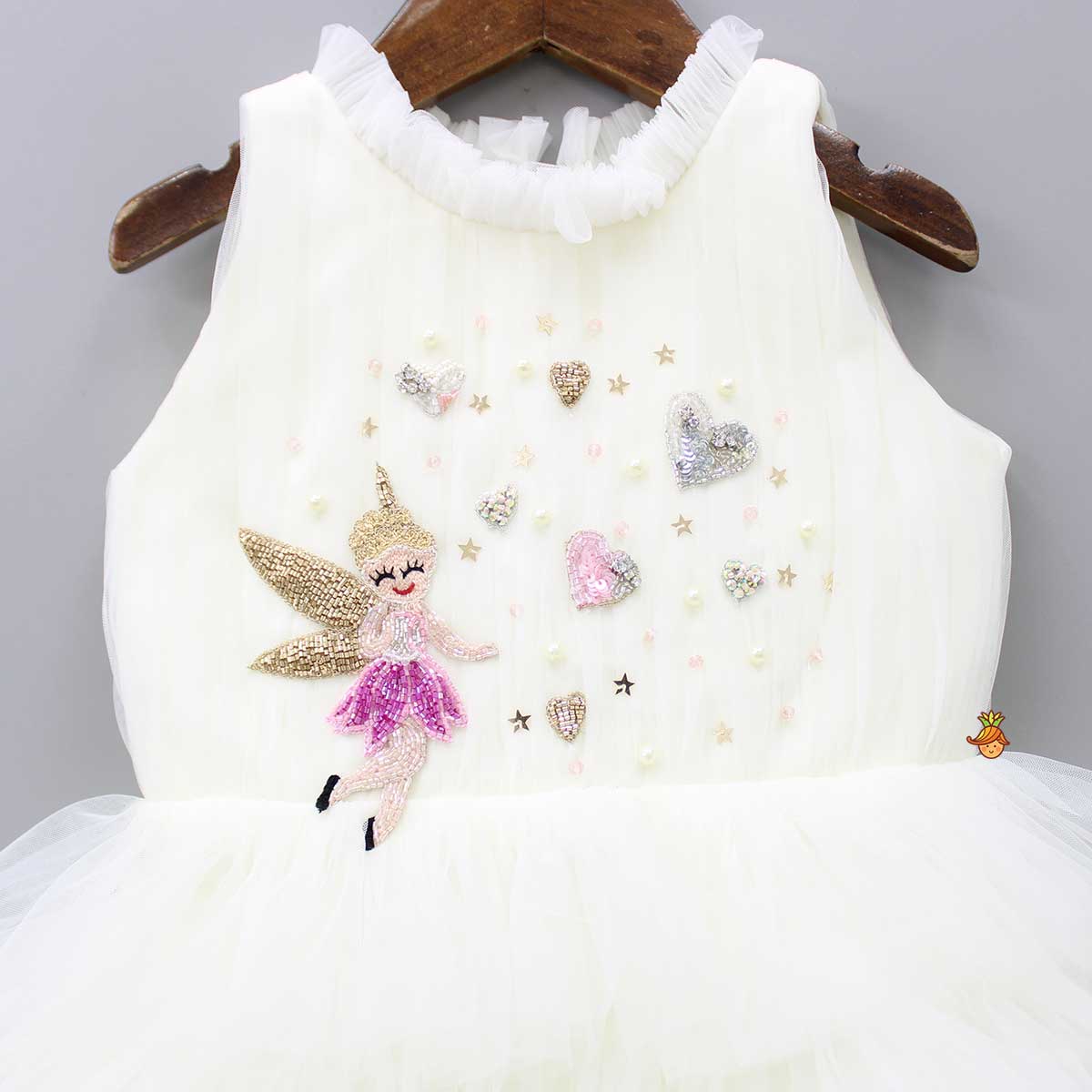 Fairy Embroidered Yoke Off White Multi Layered Dress With Head Band
