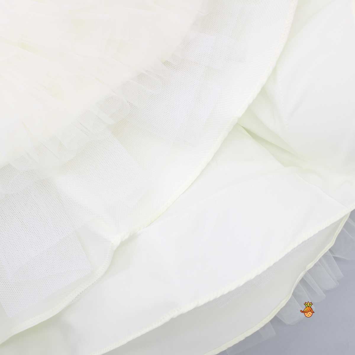 Fairy Embroidered Yoke Off White Multi Layered Dress With Head Band